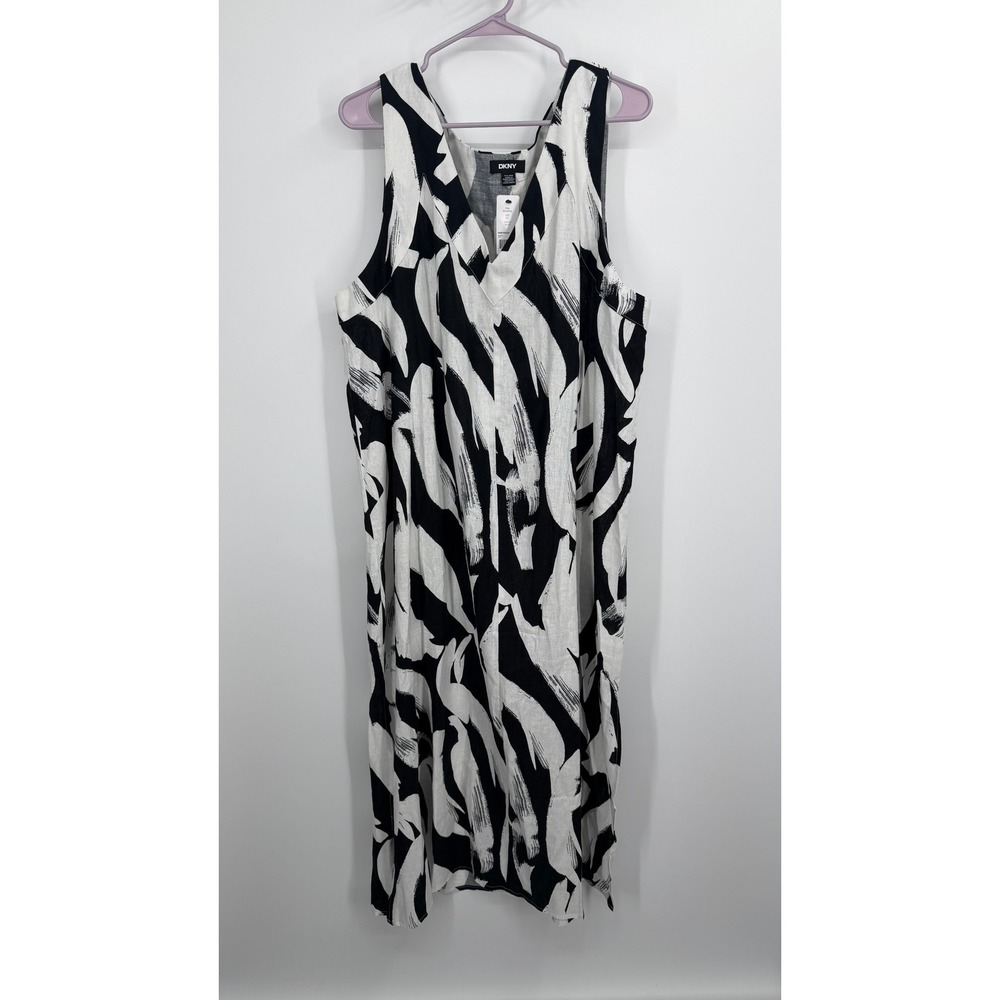 DKNY Midi Dress Women XXL Black White Linen Blend Abstract Print V-Neck Pockets